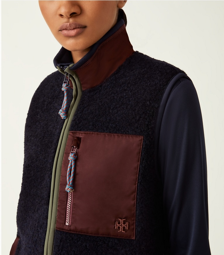 Tory Sport designer coats Fleece Zip Vest in Tory Navy / OXBLOOD front