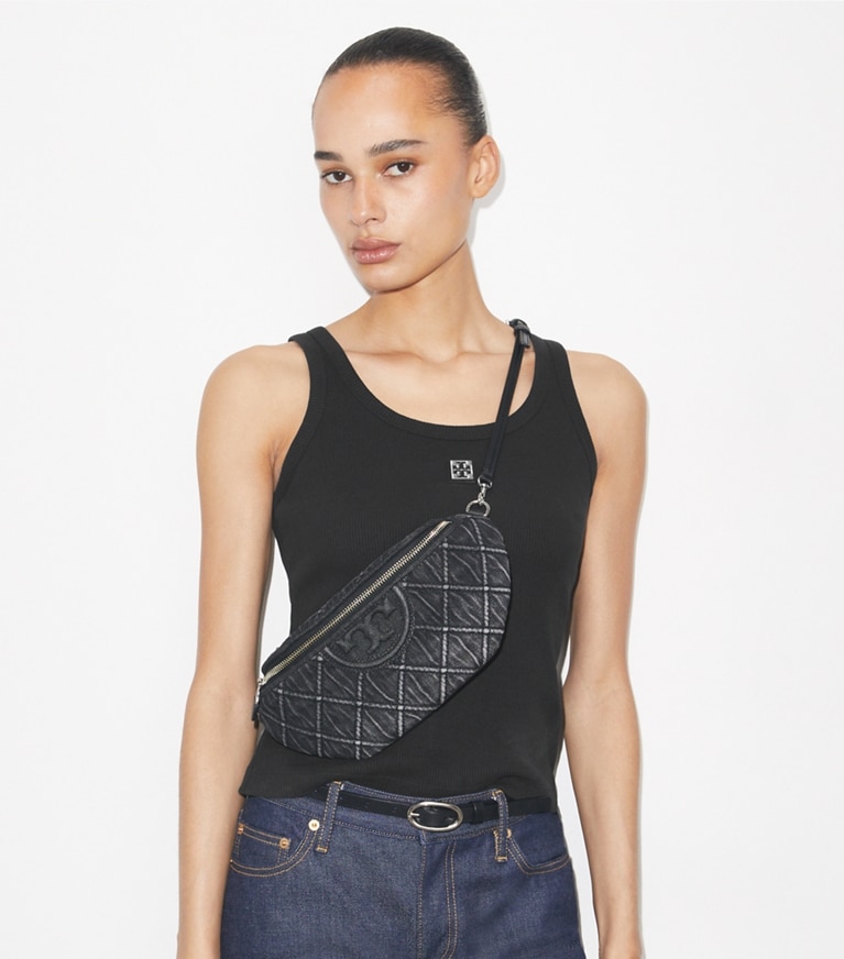 Tory Burch designer belt bags Fleming Denim Belt Bag in Black accessory on model