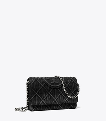 Tory Burch designer crossbody bags Fleming Denim Chain Crossbody in Black angle