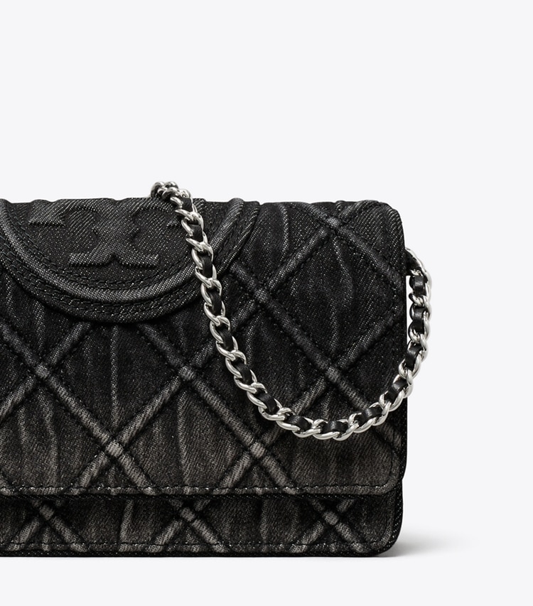 Tory Burch designer crossbody bags Fleming Denim Chain Crossbody in Black detail