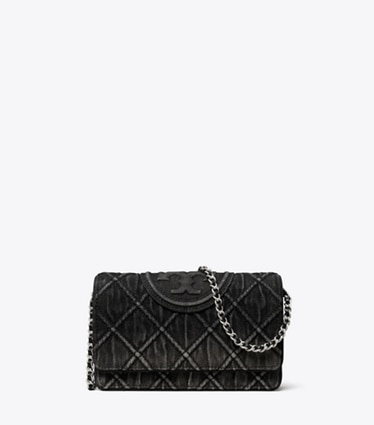 Tory Burch designer mini bags Fleming Denim Chain Crossbody in Black front