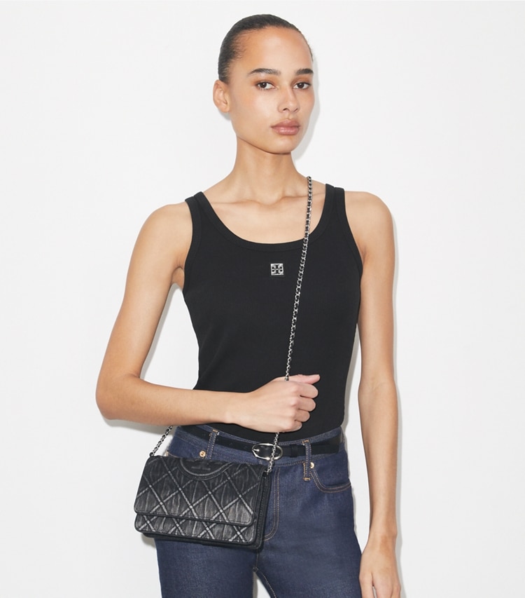 Tory Burch designer mini bags Fleming Denim Chain Wallet in Black accessory on model