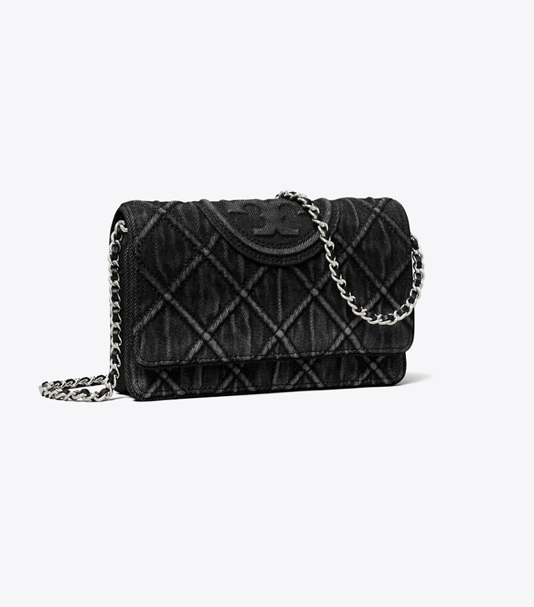 Tory Burch designer mini bags Fleming Denim Chain Wallet in Black angle