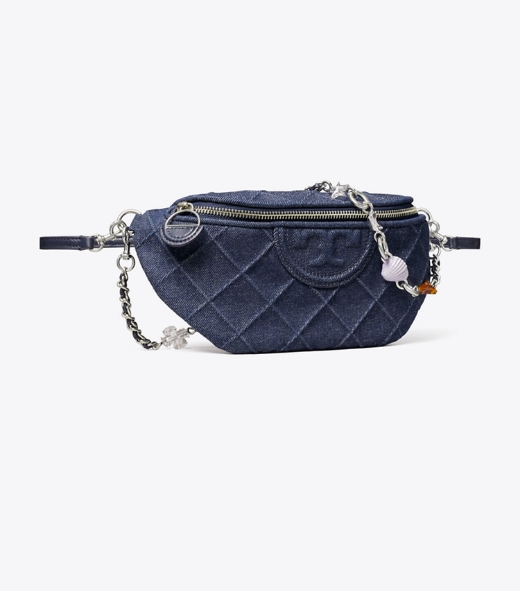 Tory Burch designer belt bags Fleming Denim Charm Belt Bag in Blue angle