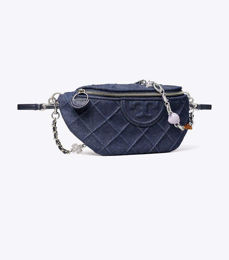 Tory Burch designer belt bags Fleming Denim Charm Belt Bag in Blue angle