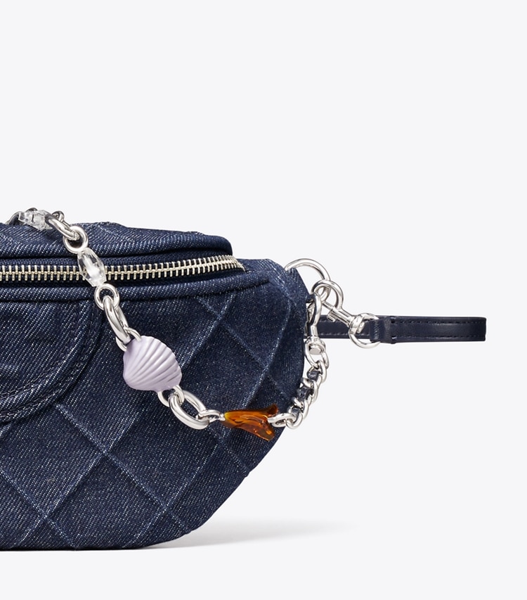 Tory Burch designer belt bags Fleming Denim Charm Belt Bag in Blue detail