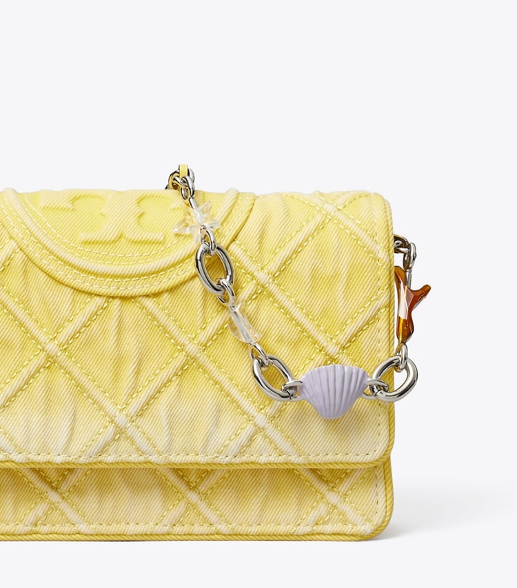 Tory Burch designer mini bags Fleming Denim Charm Chain Crossbody in Yellow detail