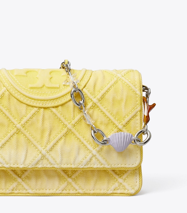 Tory Burch designer mini bags Fleming Denim Charm Chain Crossbody in Yellow detail