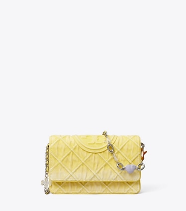 Tory Burch designer mini bags Fleming Denim Charm Chain Crossbody in Yellow front