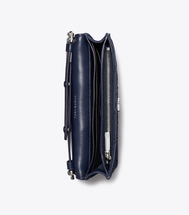 Tory Burch designer mini bags Fleming Denim Charm Chain Crossbody in Blue overhead