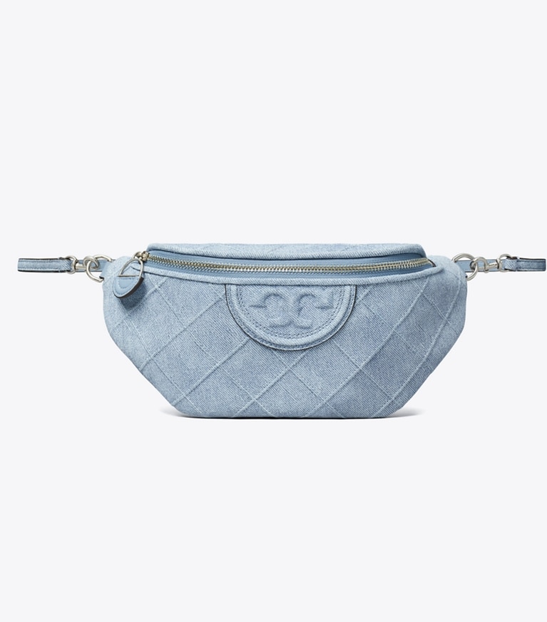 Tory Burch designer belt bags Fleming Denim-Print Suede Belt Bag in Denim angle