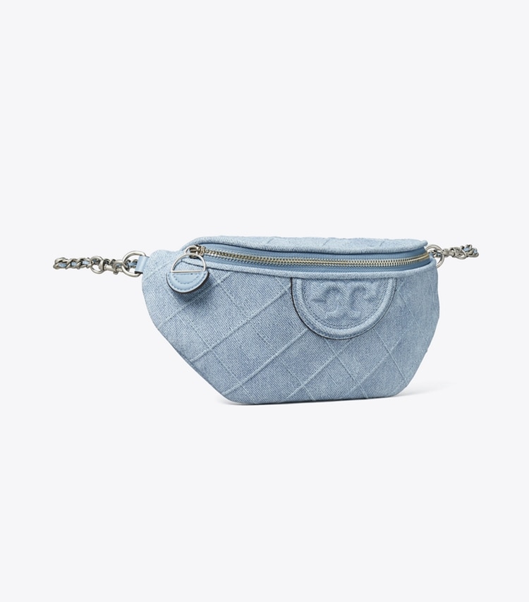 Tory Burch designer belt bags Fleming Denim-Print Suede Belt Bag in Denim angle