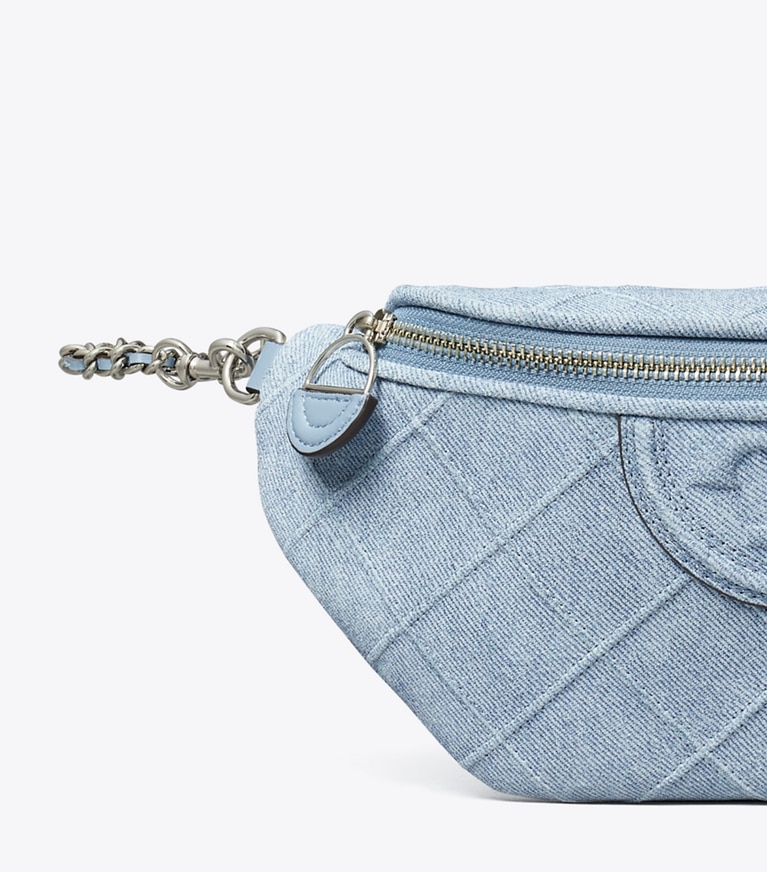 Tory Burch designer belt bags Fleming Denim-Print Suede Belt Bag in Denim angle