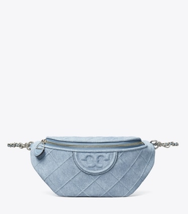Tory Burch designer belt bags Fleming Denim-Print Suede Belt Bag in Denim front