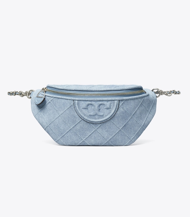 Tory Burch designer belt bags Fleming Denim-Print Suede Belt Bag in Denim front