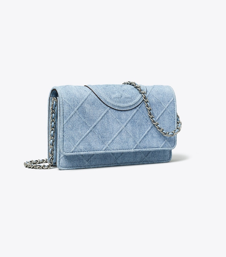 Tory Burch designer mini bags Fleming Denim-Print Suede Crossbody in Denim angle
