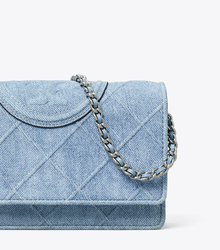 Tory Burch designer mini bags Fleming Denim-Print Suede Crossbody in Denim angle