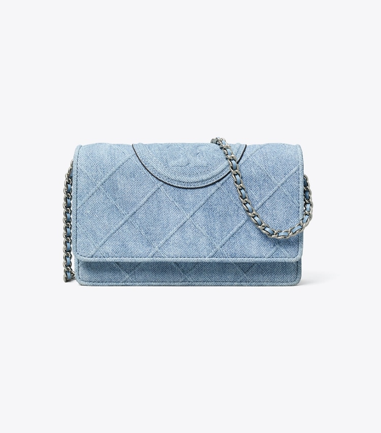 Tory Burch designer mini bags Fleming Denim-Print Suede Crossbody in Denim front