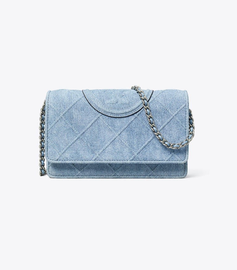 Tory Burch designer mini bags Fleming Denim-Print Suede Crossbody in Denim angle