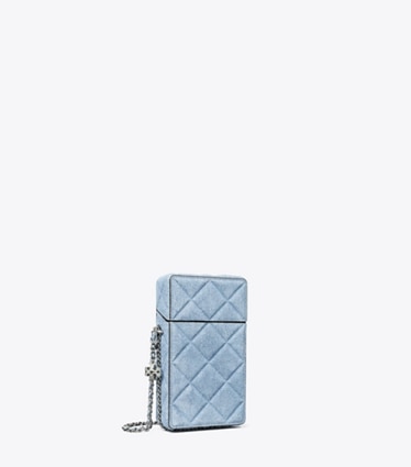 Tory Burch designer mini bags Fleming Denim-Print Suede Phone Crossbody in Denim angle