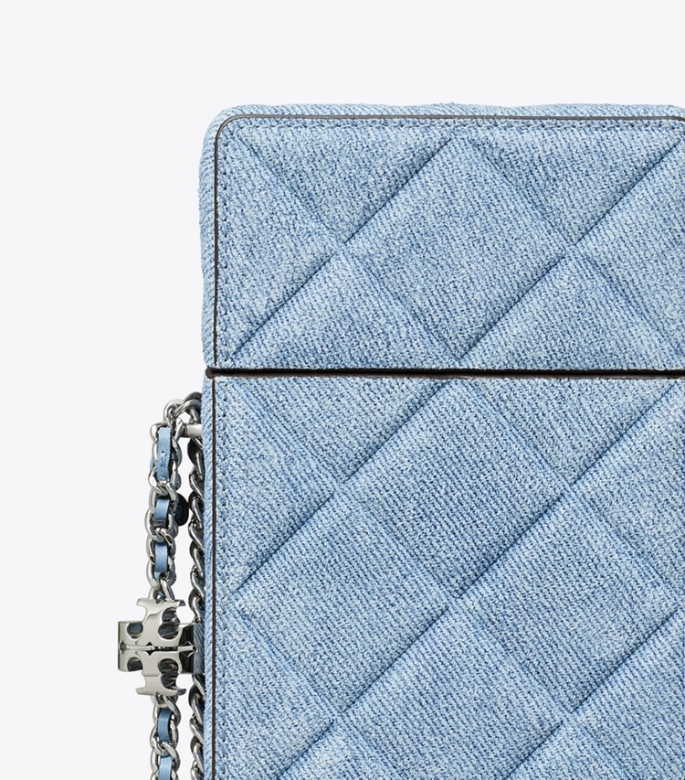 Tory Burch designer mini bags Fleming Denim-Print Suede Phone Crossbody in Denim detail