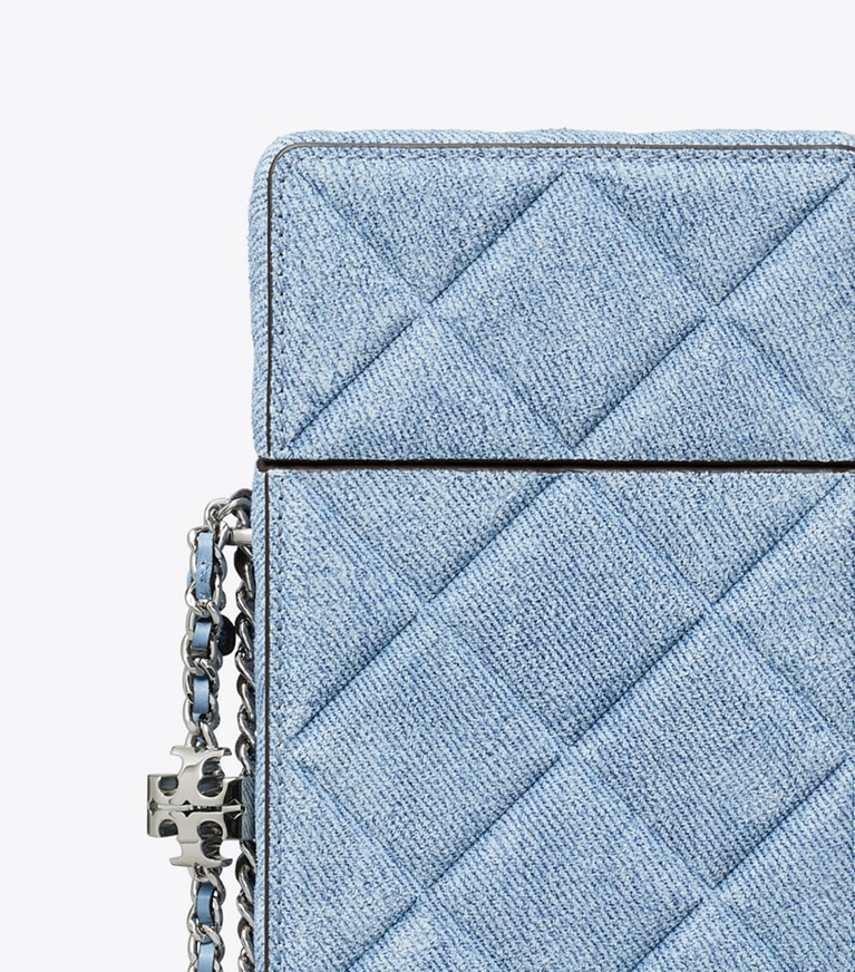 Tory Burch designer mini bags Fleming Denim-Print Suede Phone Crossbody in Denim angle