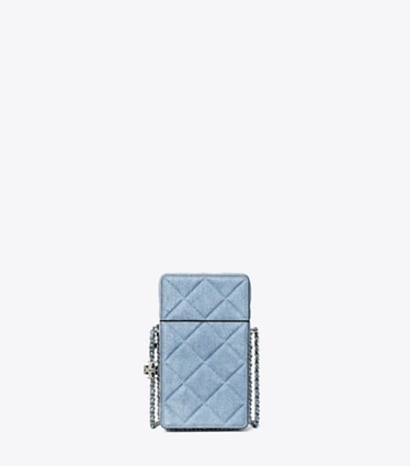 Tory Burch designer mini bags Fleming Denim-Print Suede Phone Crossbody in Denim front