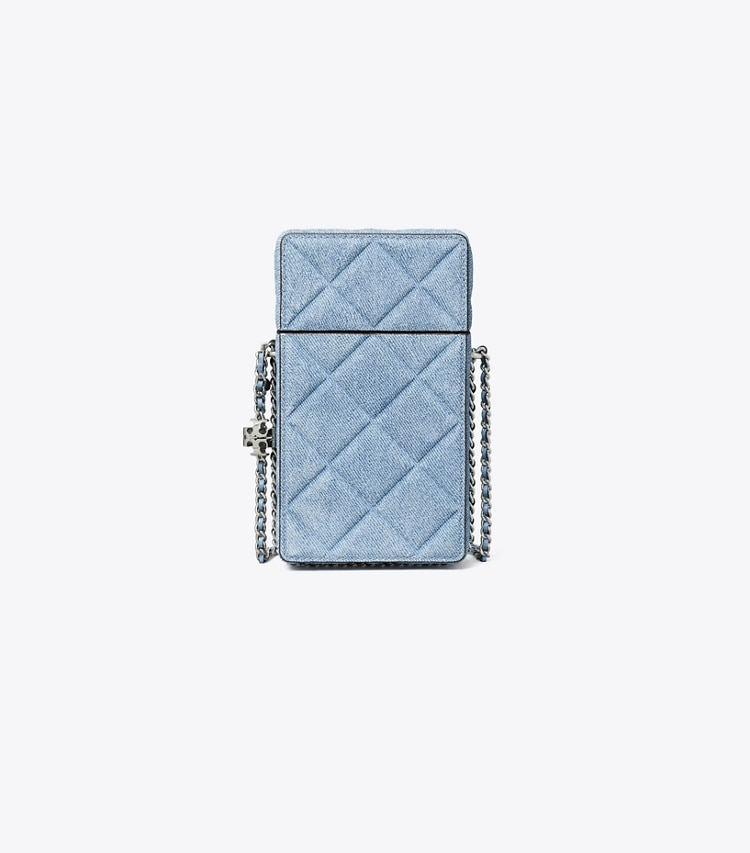 Tory Burch designer mini bags Fleming Denim-Print Suede Phone Crossbody in Denim front