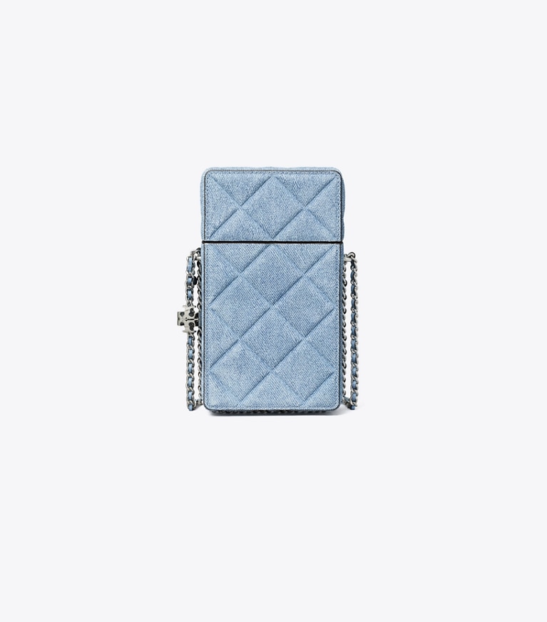 Tory Burch designer mini bags Fleming Denim-Print Suede Phone Crossbody in Denim angle