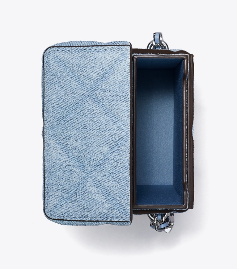Tory Burch designer mini bags Fleming Denim-Print Suede Phone Crossbody in Denim angle