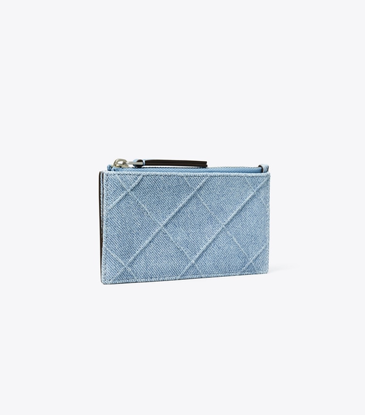 Tory Burch designer card cases Fleming Denim-Print Suede Zip Card Case in Denim angle