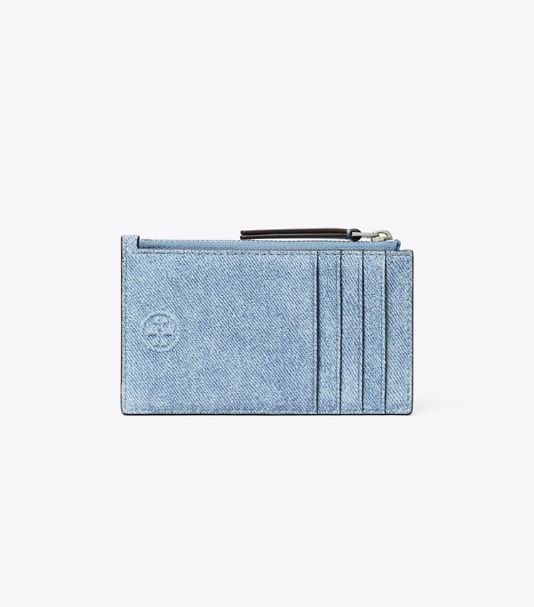 Tory Burch designer card cases Fleming Denim-Print Suede Zip Card Case in Denim back