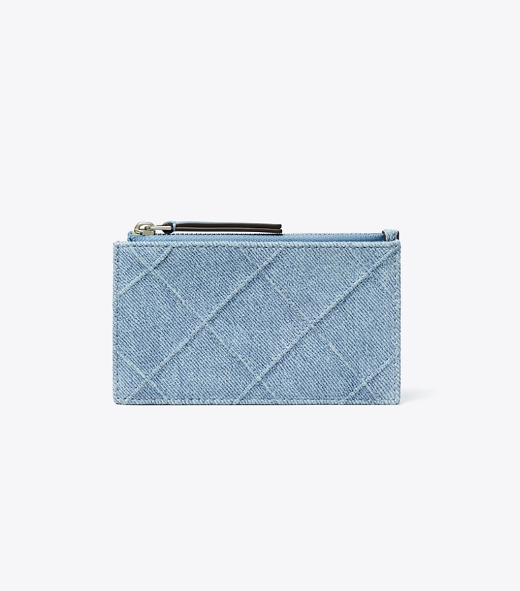 Tory Burch designer card cases Fleming Denim-Print Suede Zip Card Case in Denim front