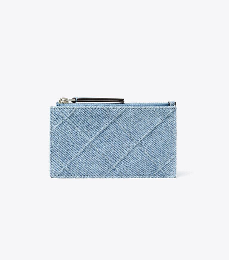 Tory Burch designer card cases Fleming Denim-Print Suede Zip Card Case in Denim angle
