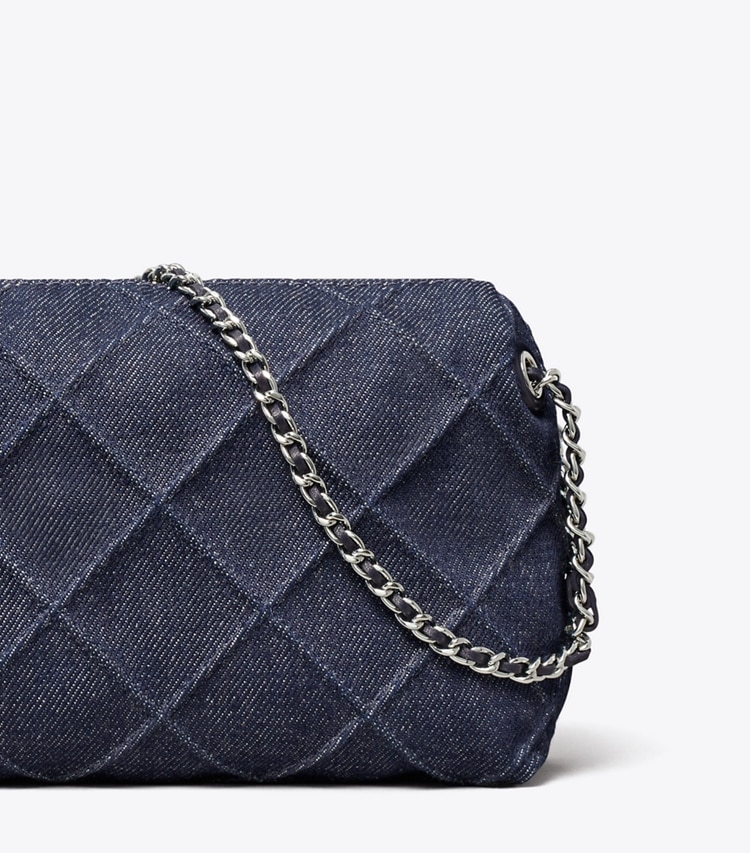 Tory Burch designer crossbody bags Fleming Denim Soft Crossbody Bag in Blue detail