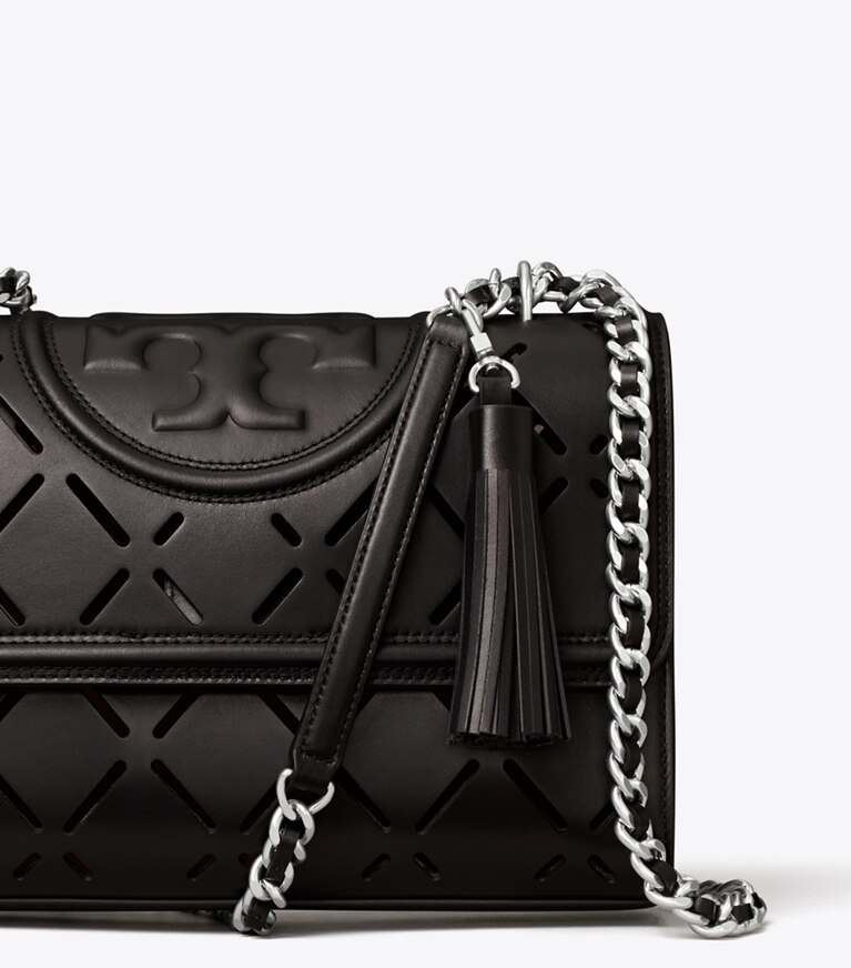 Tory Burch designer shoulder bags Fleming Diamond Perforated Convertible Shoulder Bag in Black angle