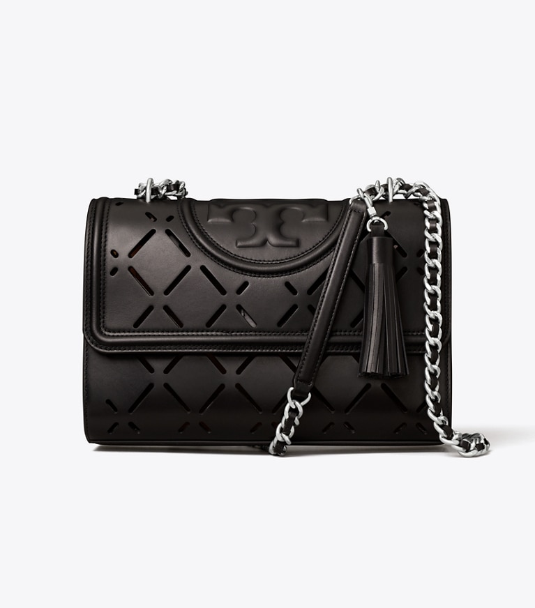 Tory Burch designer shoulder bags Fleming Diamond Perforated Convertible Shoulder Bag in Black angle