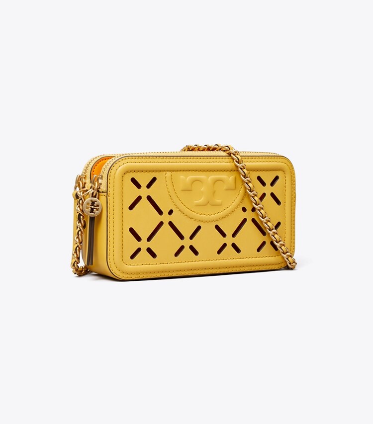 Tory Burch designer crossbody bags Fleming Diamond Perforated Double-Zip Mini Bag in Golden Sunset / Orange Citrine angle