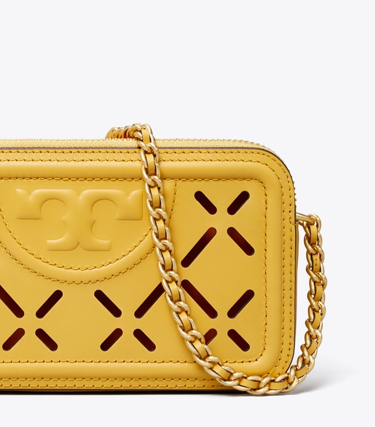 Tory Burch designer crossbody bags Fleming Diamond Perforated Double-Zip Mini Bag in Golden Sunset / Orange Citrine detail