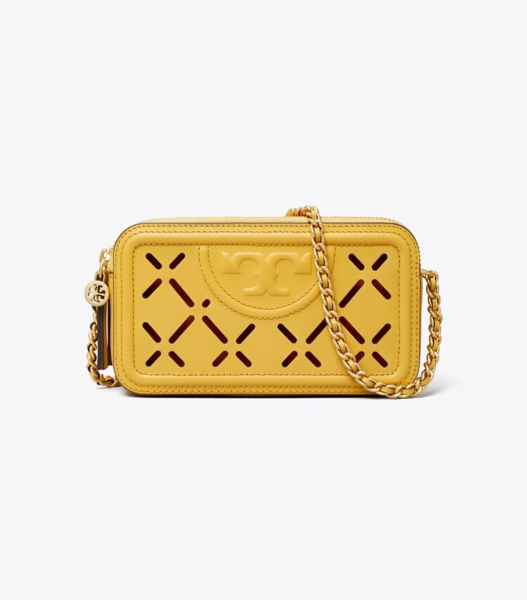 Tory Burch designer crossbody bags Fleming Diamond Perforated Double-Zip Mini Bag in Golden Sunset / Orange Citrine front