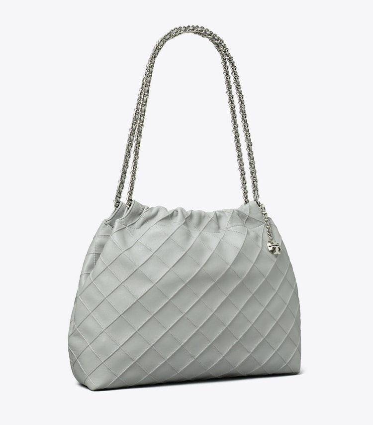 Tory Burch designer hobo bags Fleming Drawstring Bag in Gray angle