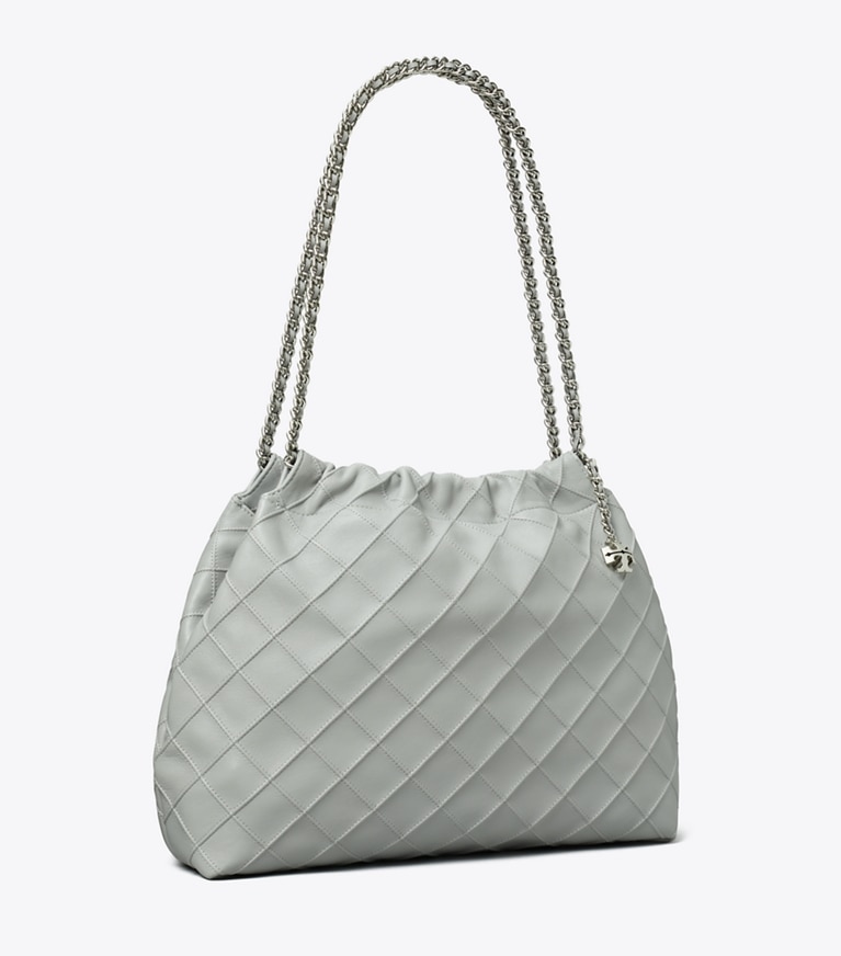 Tory Burch designer hobo bags Fleming Drawstring Bag in Gray angle