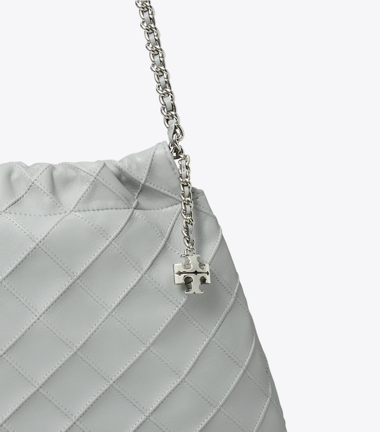 Tory Burch designer hobo bags Fleming Drawstring Bag in Gray angle