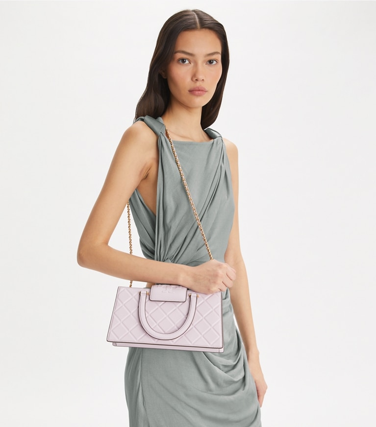 Tory Burch designer satchels Fleming East-West Tote in Pale Purple angle