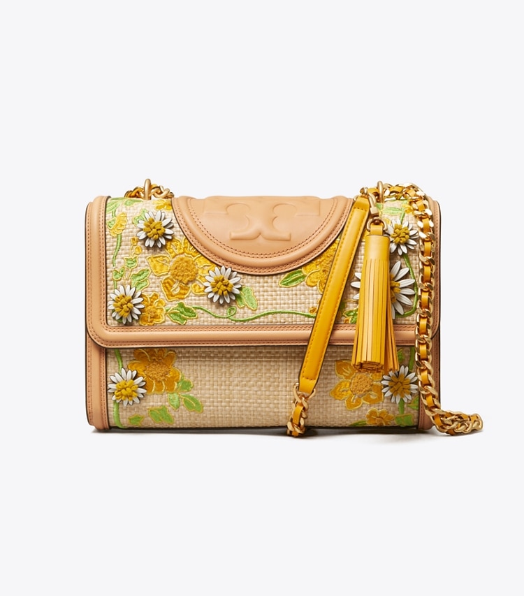 Tory Burch designer shoulder bags Fleming Embroidered Straw Convertible Shoulder Bag in Natural front