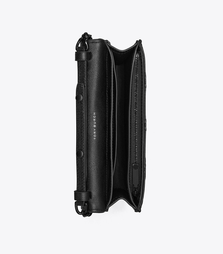 Tory Burch designer kleine taschen Fleming Geldbörse aus poliertem Narbenleder mit Kette in Black von oben