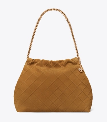 Tory Burch designer hobo bags Fleming Hobo Bag aus weichem Wildleder in CHICORY BROWN front