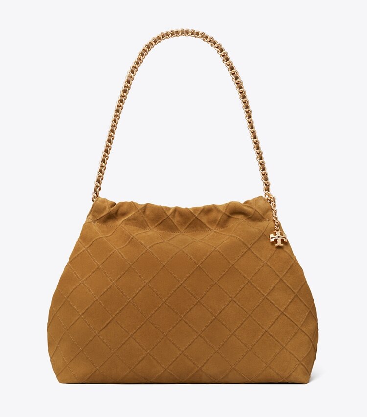 Tory Burch designer hobo bags Fleming Hobo Bag aus weichem Wildleder in CHICORY BROWN front