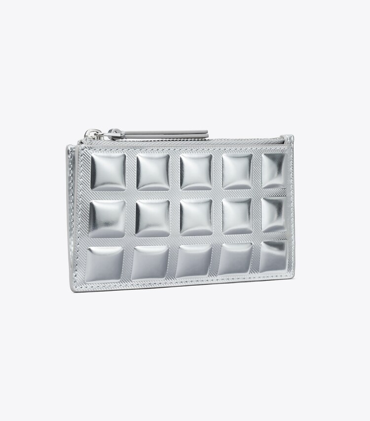Tory Burch designer kartenetuis Fleming Kartenetui in Metallic mit Quadratsteppung und Reißverschluss in Silver angle