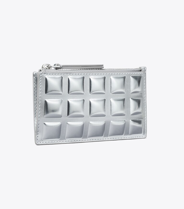 Tory Burch designer kartenetuis Fleming Kartenetui in Metallic mit Quadratsteppung und Reißverschluss in Silver angle